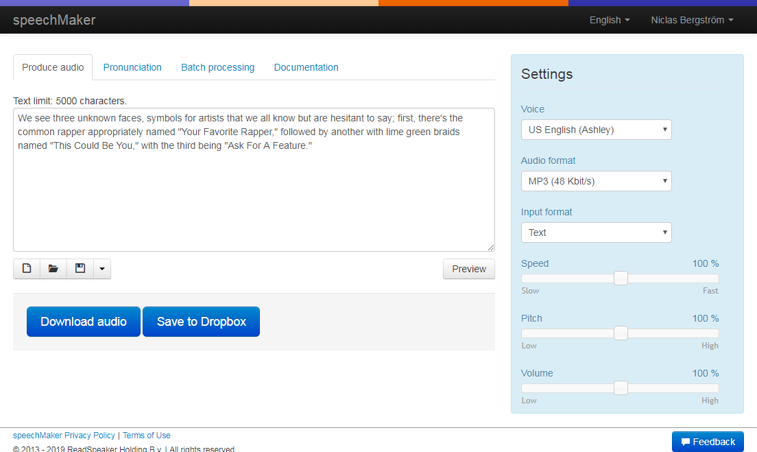 The dashboard of SpeechMaker where you can copy/paste your text